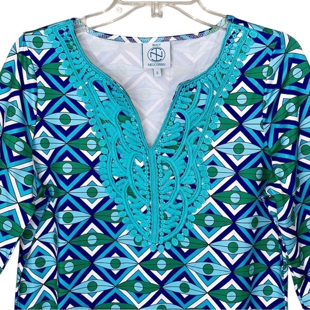 TRACEY NEGOSHIAN Shift Dress Embroidered V Neck Geometric Blue Green Women S - Picture 3 of 10
